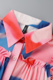 Red Fashion Casual Print Patchwork Buckle Turndown Collar A Line Dresses