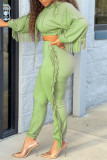 Pink Casual Solid Tassel Patchwork Hooded Collar Long Sleeve Two Pieces