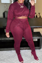 Burgundy Casual Solid Patchwork Frenulum O Neck Long Sleeve Two Pieces
