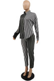 Red Casual Striped Print Patchwork Turndown Collar Long Sleeve Two Pieces