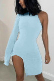 Blue Sexy Solid One Shoulder Wrapped Skirt Dresses