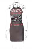 Brown Sexy Print Bandage Backless Halter Sleeveless Dress Dresses