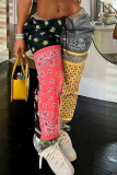 Multicolor Casual Print Patchwork Regular Mid Waist Trousers