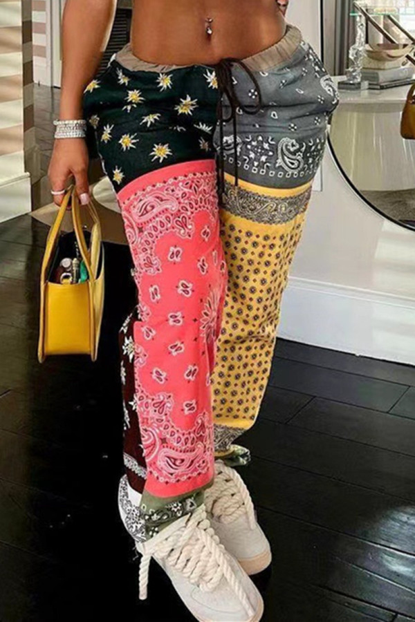 Multicolor Casual Print Patchwork Regular Mid Waist Trousers