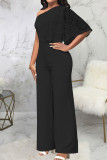 Black Sexy Solid Patchwork Oblique Collar Straight Jumpsuits