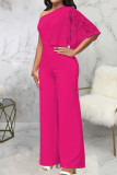 Rose Red Sexy Solid Patchwork Oblique Collar Straight Jumpsuits