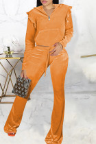 Orange Casual Solid Patchwork Zipper Collar Long Sleeve Two Pieces