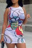 White Sexy Print Patchwork O Neck Pencil Skirt Dresses