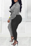 Red Casual Striped Print Patchwork Turndown Collar Long Sleeve Two Pieces