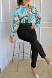 Royal Blue Casual Print Patchwork V Neck Long Sleeve Two Pieces