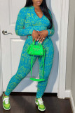 Sky Blue Casual Street Letter Print Patchwork Zipper Collar Long Sleeve Two Pieces