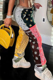 Multicolor Casual Print Patchwork Regular Mid Waist Trousers