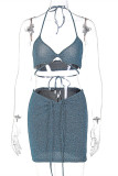 Blue Sexy Solid Bandage Backless Spaghetti Strap Sleeveless Two Pieces
