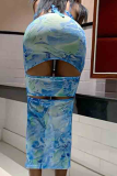 Sky Blue Sexy Print Hollowed Out Halter Pencil Skirt Dresses