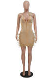 Apricot Sexy Patchwork Hot Drilling Feathers Backless Spaghetti Strap Sleeveless Dress