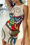 White Sexy Print Patchwork O Neck Pencil Skirt Dresses
