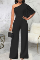Black Sexy Solid Patchwork Oblique Collar Straight Jumpsuits