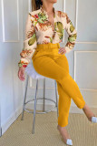 Yellow Casual Print Patchwork V Neck Long Sleeve Two Pieces