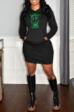 Black Casual Print Patchwork Hooded Collar Long Sleeve Dresses