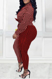 Red Casual Striped Print Patchwork Turndown Collar Long Sleeve Two Pieces