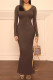 Coffee Casual Solid Patchwork V Neck Long Sleeve Dresses
