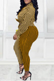 Red Casual Striped Print Patchwork Turndown Collar Long Sleeve Two Pieces