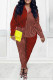 Red Casual Striped Print Patchwork Turndown Collar Long Sleeve Two Pieces