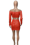 Red Sexy Solid Bandage Sequins Patchwork Off the Shoulder Long Sleeve Two Pieces