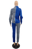 Red Casual Striped Print Patchwork Turndown Collar Long Sleeve Two Pieces