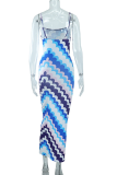 Blue Street Print Patchwork Spaghetti Strap Pencil Skirt Dresses