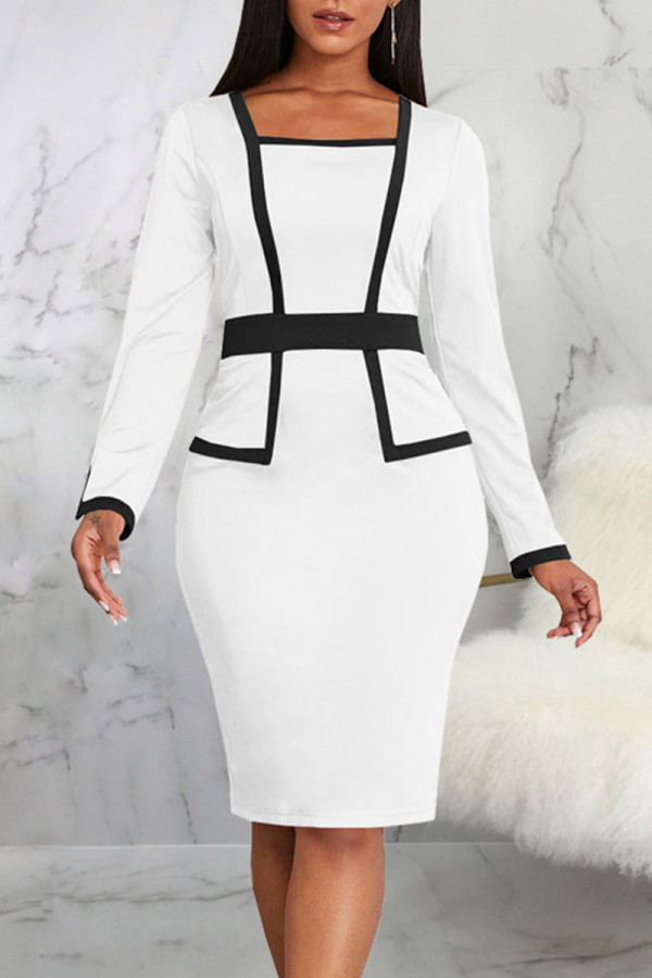 White Casual Work Solid Patchwork Square Collar One Step Skirt Dresses