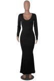 Red Casual Solid Patchwork V Neck Long Sleeve Dresses