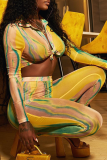 Yellow Sexy Print Patchwork Turndown Collar Long Sleeve Two Pieces