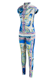 Blue Casual Print Patchwork Turndown Collar Short Sleeve Two Pieces