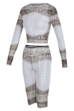 Apricot Sexy Print Mesh O Neck Long Sleeve Two Pieces