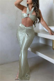 Green Sexy Solid Hollowed Out Backless Halter Sleeveless Two Pieces
