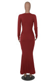 Red Casual Solid Patchwork V Neck Long Sleeve Dresses