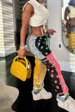 Multicolor Casual Print Patchwork Regular Mid Waist Trousers