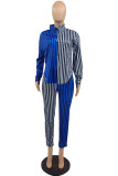 Red Casual Striped Print Patchwork Turndown Collar Long Sleeve Two Pieces