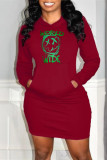 Black Casual Print Patchwork Hooded Collar Long Sleeve Dresses