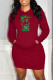 Burgundy Casual Print Patchwork Hooded Collar Long Sleeve Dresses