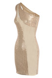 Apricot Sexy Solid Sequins Patchwork Oblique Collar Pencil Skirt Dresses