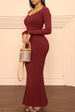 Red Casual Solid Patchwork V Neck Long Sleeve Dresses