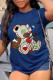 Navy Blue Street Cute Print Patchwork O Neck T-Shirts