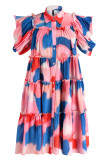 Red Fashion Casual Print Patchwork Buckle Turndown Collar A Line Dresses