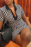 Black Sexy Plaid Patchwork Turndown Collar Pencil Skirt Dresses