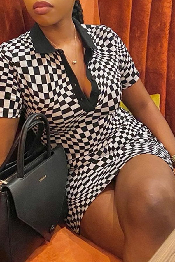 Black Sexy Plaid Patchwork Turndown Collar Pencil Skirt Dresses