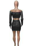 Black Sexy Solid Bandage Sequins Patchwork Off the Shoulder Long Sleeve Two Pieces