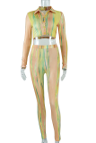 Yellow Sexy Print Patchwork Turndown Collar Long Sleeve Two Pieces