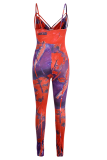Red Sexy Print Patchwork Spaghetti Strap Skinny Jumpsuits